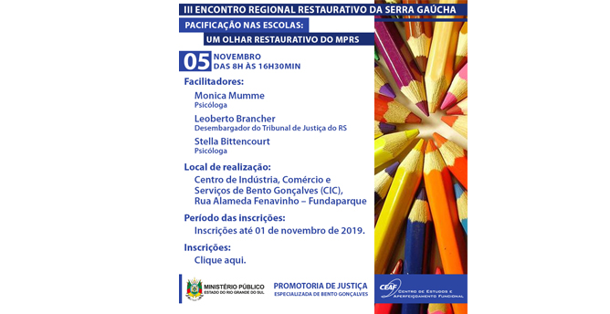 Encontro Regional Restaurativo da Serra Gaúcha ocorre em novembro no CIC-BG